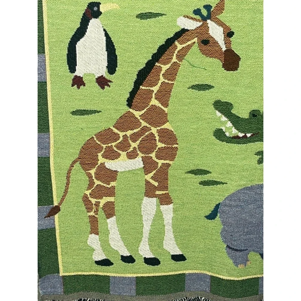 Woven Nursery Baby Blanket Throw Wall Tapestry Zoo Jungle Animals Safari Green